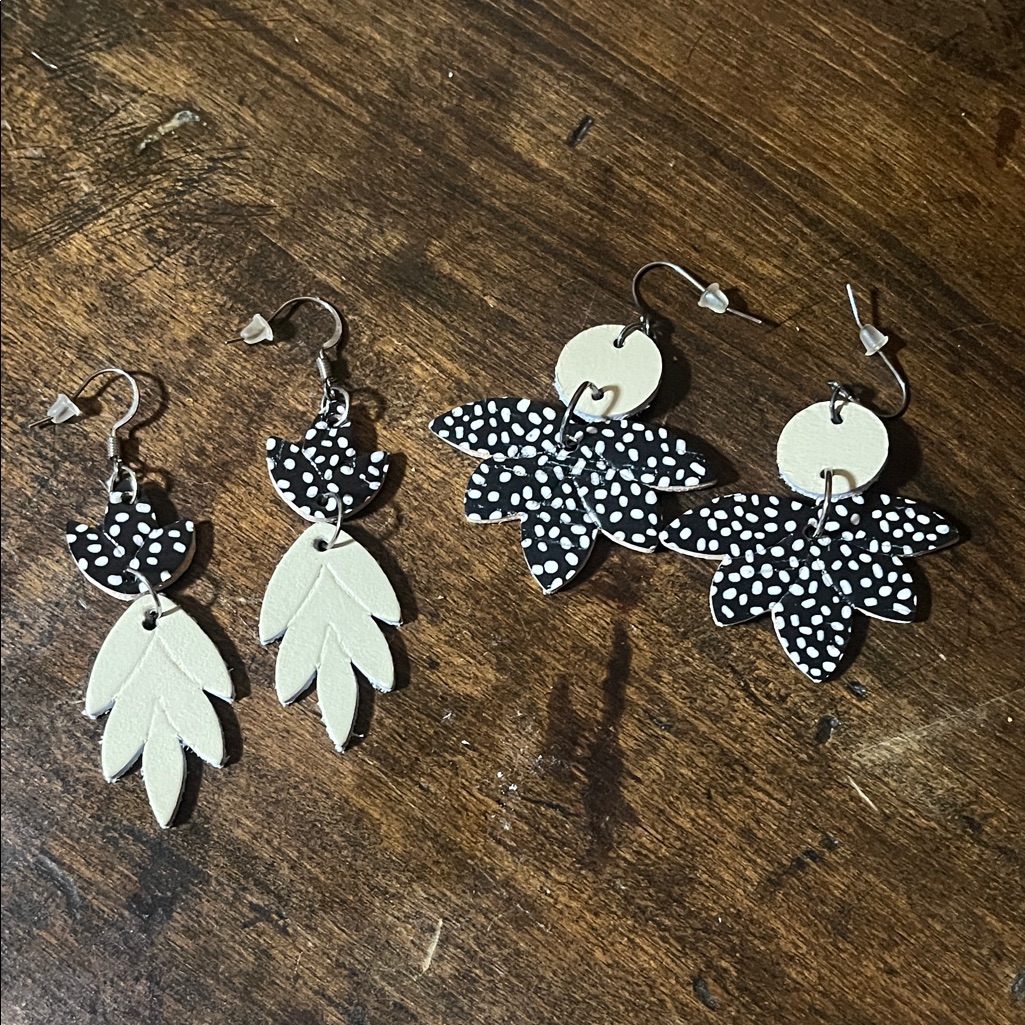 Navy And White/Creme Leaf Handmade Hand Cut Leather Earrings Set